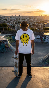 Organic Cotton T‑shirt – Unisex Dripping Smiley Face Tee - Urban Skater in Rooftop Skatepark - Eco-Aesthetic Lifestyle