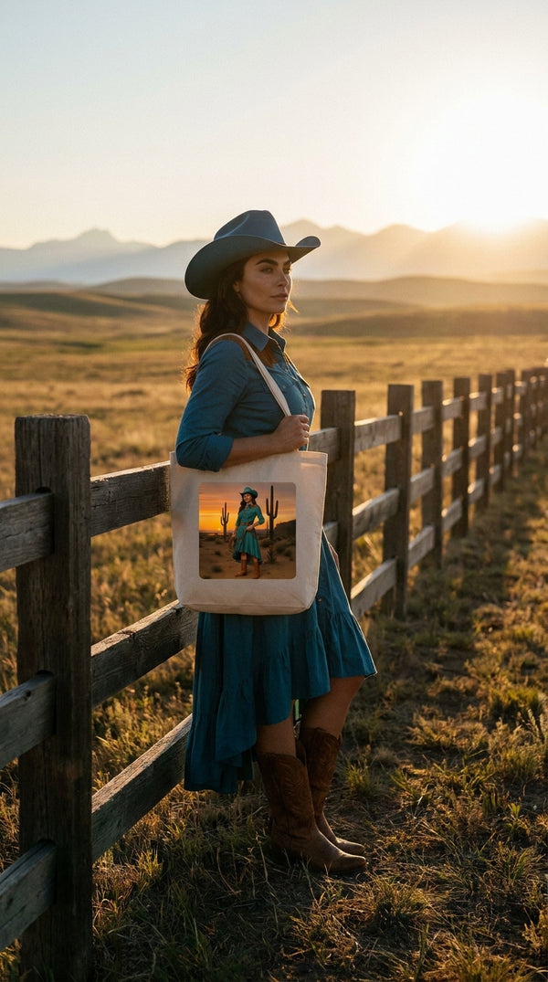 Desert Sunset Cowgirl Organic Cotton Tote Bag - Southwestern Cactus Eco-Friendly Shopper - Cowgirl Model in Open Range - Eco-Aesthetic Lifestyle