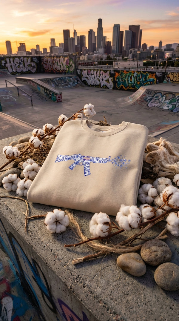 Blue Porcelain Gun Organic Cotton Sweatshirt - GOTS Certification Hero in Rooftop Skatepark - 90s Retro Sustainable