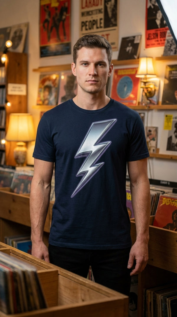 Shiny Chrome Lightning Bolt Organic Cotton T-Shirt - Male Model in Vintage Record Store - 90s Grunge Revival