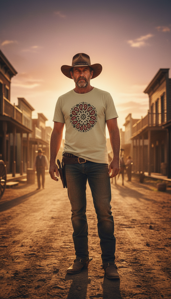 Paisley Burst Pattern Organic Cotton T-Shirt - Cowboy Model in Western Town - 90s Retro Sustainable