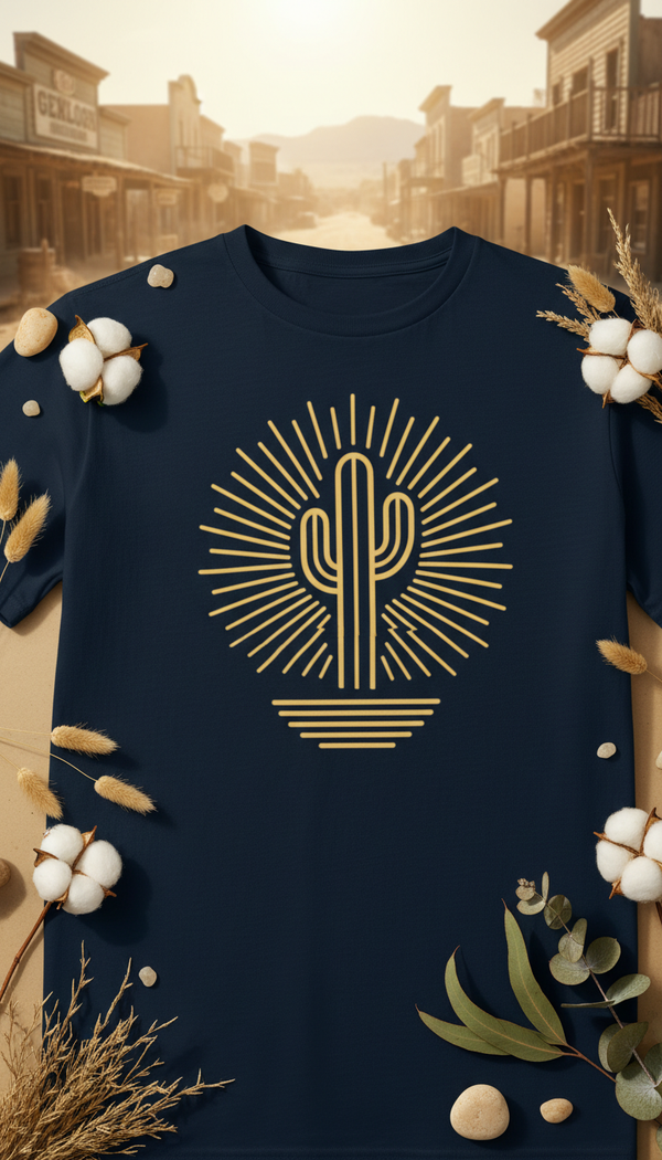 Minimalist Cactus Sunburst – Organic Desert Graphic T-Shirt - GOTS Certification Hero in Western Town - 90s Retro Sustainable