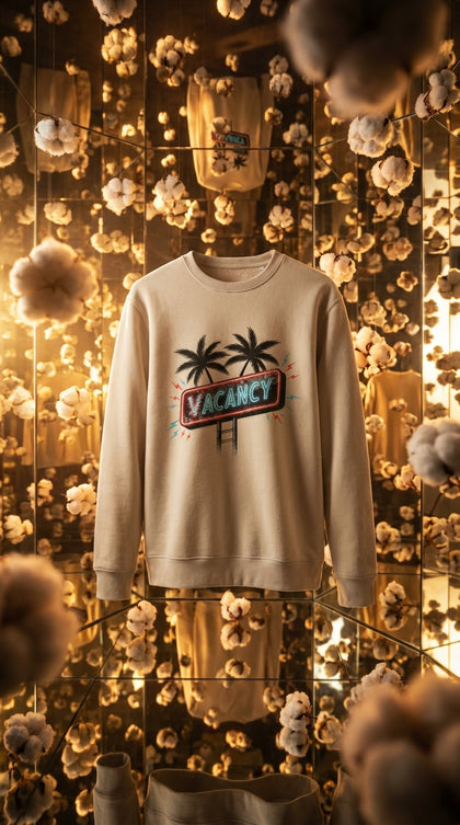 Vacancy Neon Sign Organic Crewneck - Retro Motel Style - Hero in Mirror Infinity - 90s Retro Sustainable
