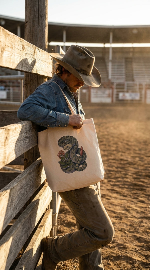 Desert Rattlesnake and Succulent Western Organic Cotton Tote Bag - Rodeo Spectator in Rodeo Arena - Eco-Aesthetic Lifestyle