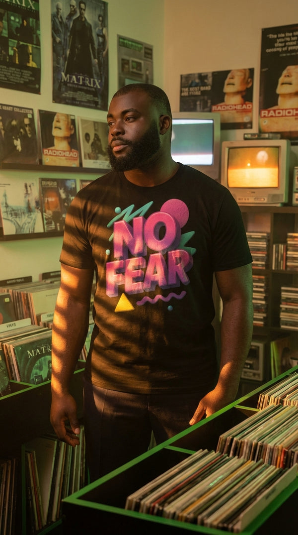 Organic Cotton 'No Fear' Retro Tee - 90s Retro Hacker in Vintage Record Store - 90s Retro Sustainable