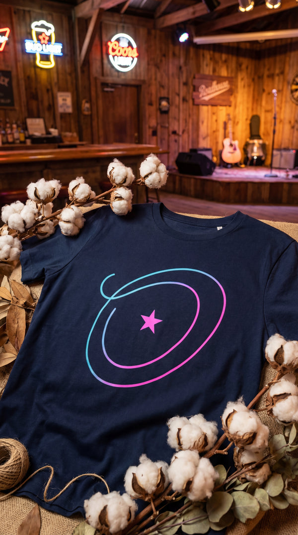 Neon Lasso Orbit and Star – Unisex Organic Cotton T-Shirt - GOTS Certification Hero in Honky Tonk Bar - 90s Retro Sustainable