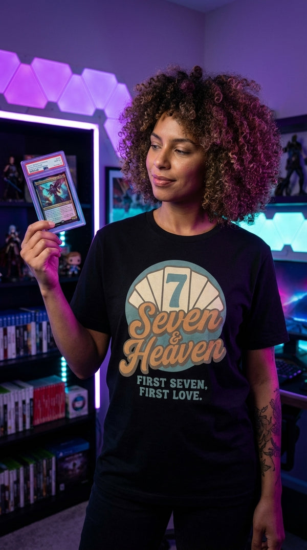 Seven Heaven Organic Cotton T-Shirt - Card Collector in RGB Gaming Room - Untap & Upkeep Lifestyle
