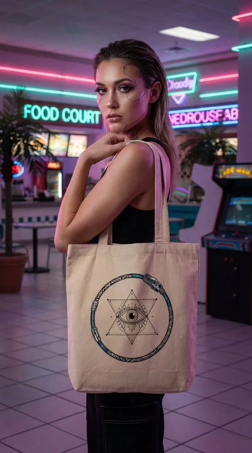 Eco-Conscious Cyber Gaze Organic Canvas Tote Bag - Female Model in 90s Mall Food Court - GenZ Ethical Hype