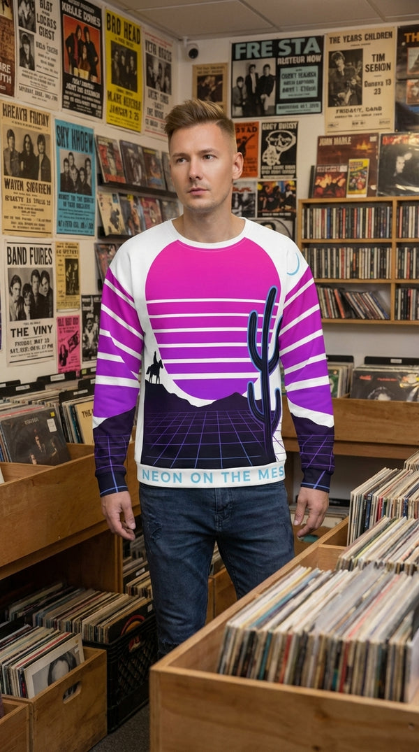 Neon on the Mesa Recycled Unisex Sweatshirt - Male Model in Vintage Record Store - Eco-Aesthetic Lifestyle