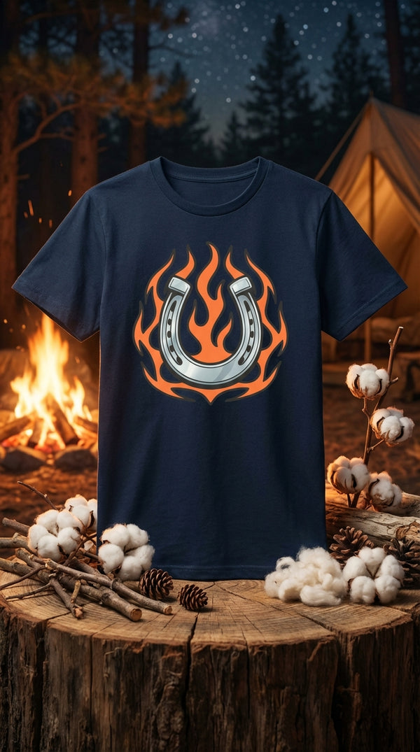 Neon Tribal Horseshoe Organic Cotton T-Shirt - GOTS Certification Hero in Campfire at Night - 90s Retro Sustainable