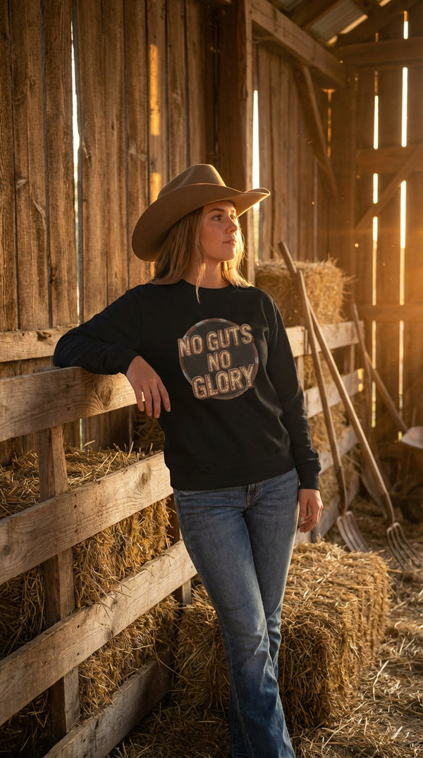 No Guts No Glory Organic Sweatshirt - Cowgirl Model in Rustic Barn - Eco-Aesthetic Lifestyle