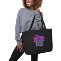 Retro Beats Organic Tote | Sustainable Boombox & Cassette Design - Sustainable Organic Design | Primary Flat-lay Front View