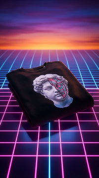 Cyberpunk Statue Organic Cotton Sweatshirt - Product Focus in Virtual Reality Grid - 90s Grunge Revival