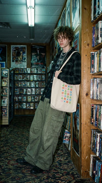 Organic Cotton Gamer Icon Eco Tote - 90s Mall Goth in VHS Rental Store - Eco-Aesthetic Lifestyle