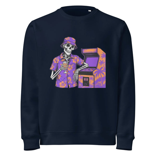 Retro Arcade Skeleton Organic Sweatshirt | Sustainable Gamer Streetwear - Sustainable Organic Design | Detailed Alternative View