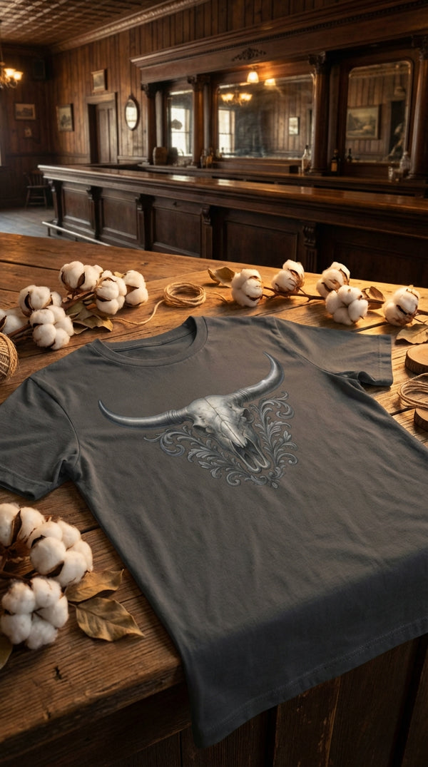 Baroque Longhorn Skull with Filigree T-Shirt - GOTS Certification Hero in Saloon Interior - 90s Retro Sustainable