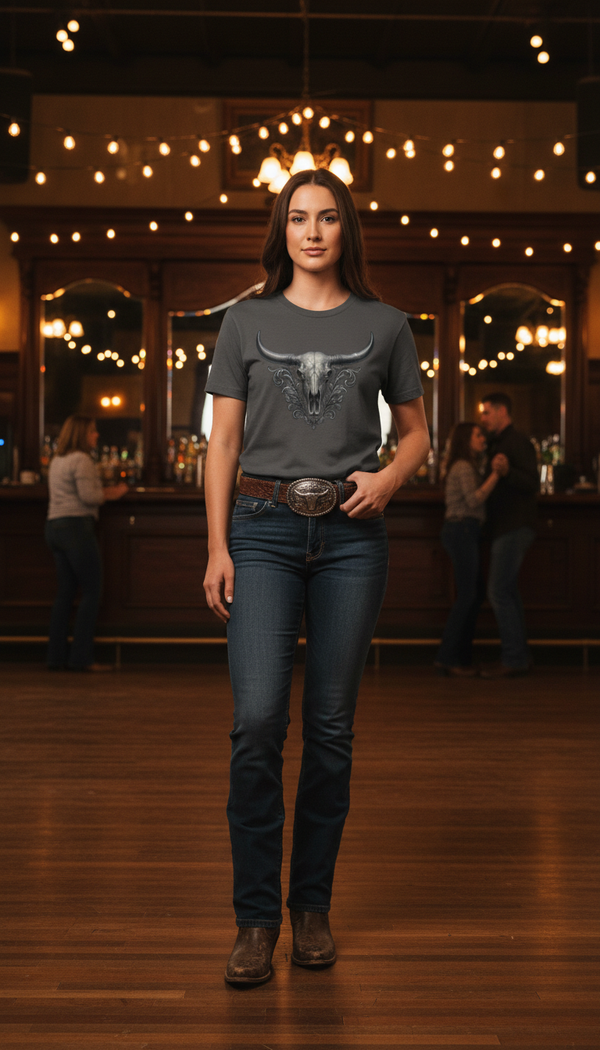 Baroque Longhorn Skull with Filigree T-Shirt - Line Dancer in Saloon Interior - 90s Retro Sustainable