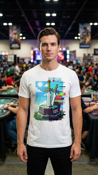 Game Over Glitch Hero Organic Cotton T-Shirt - Male Model in Tournament Hall - Mainboard Staple