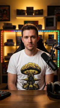 Wasteland Survivor Organic Cotton Graphic Tee - Male Streamer in Retro Console Wall - 90s Retro Sustainable