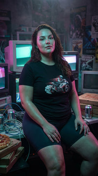 Phantom Speed Rider Graphic GOTS-certified organic cotton tee worn in a 90s lan party — 90s retro sustainable