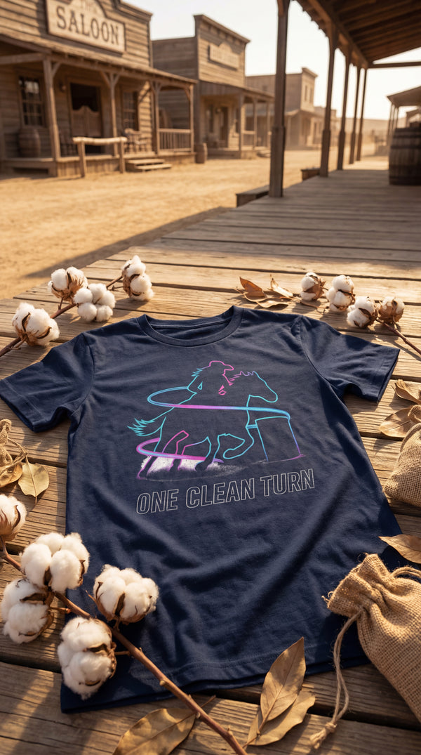 Neon Cowgirl Barrel Racing T-Shirt – One Clean Turn Western Tee - GOTS Certification Hero in Western Town - 90s Retro Sustainable