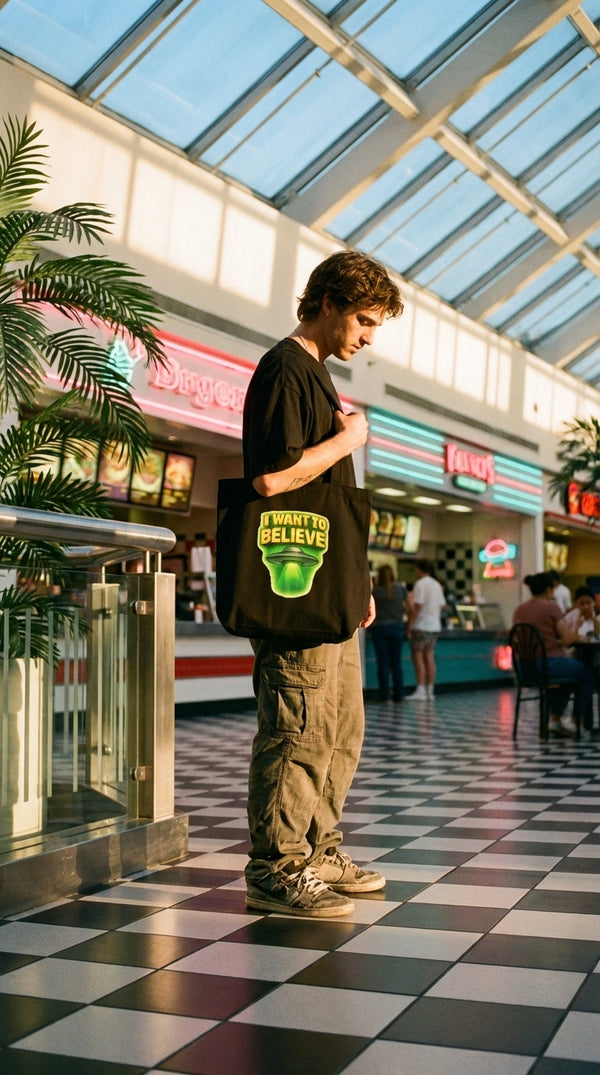 I Want to Believe Eco Tote - Urban Skater in 90s Mall Food Court - Eco-Aesthetic Lifestyle