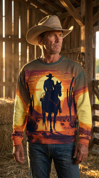 Desert Dusk Rider Recycled Unisex Sweatshirt - Cowboy Model in Rustic Barn - Eco-Aesthetic Lifestyle