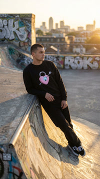 Locked Heart Y2K Organic Cotton Sweatshirt - Product Focus in Rooftop Skatepark - 90s Grunge Revival