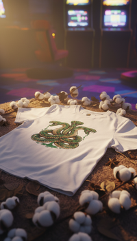 Hydra GOTS-certified organic cotton tee worn in a neon arcade alley — 90s retro sustainable