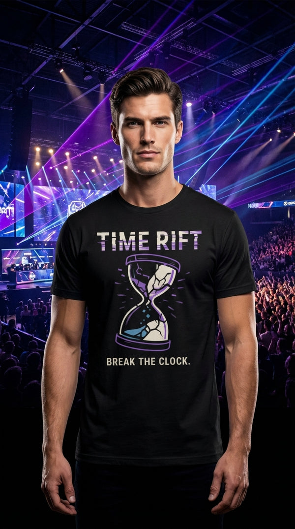 Time Rift Tee - Organic Cotton T-Shirt - Male Model in Esports Arena - The LGS 'Equippable'