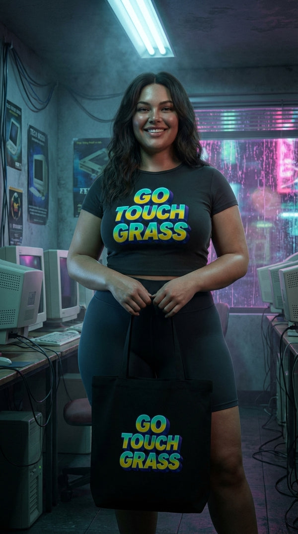 Go Touch Grass Eco Tote - Cyberpunk Plus in Internet Cafe - Eco-Aesthetic Lifestyle