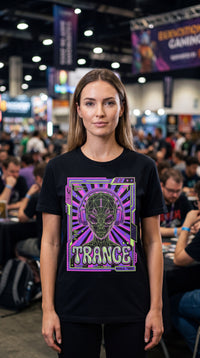 Nexus Y2K Alien Tee | GOTS Certified Organic Cotton - Female Model in Tournament Hall - Y2K Eco-Tech