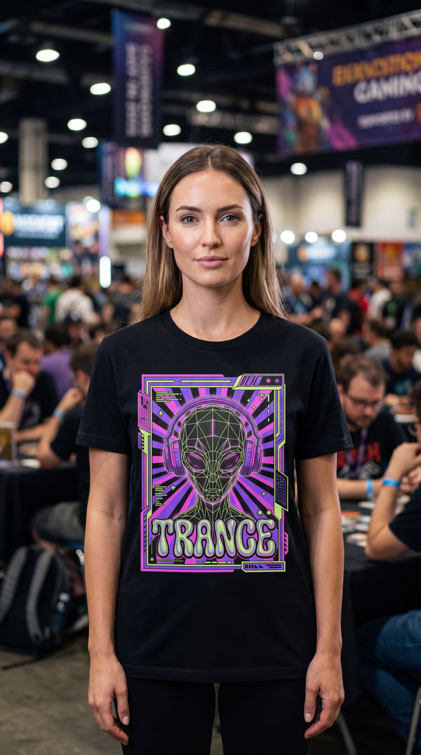 Nexus Y2K Alien Tee | GOTS Certified Organic Cotton - Female Model in Tournament Hall - Y2K Eco-Tech