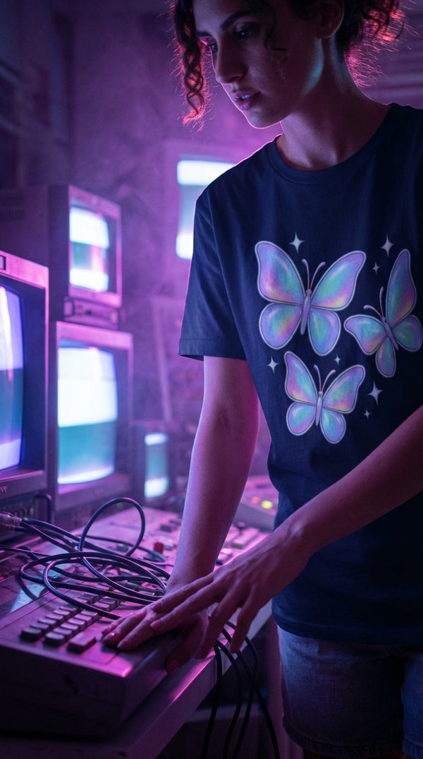 Iridescent Butterflies Organic Cotton T-Shirt - Cyberpunk Plus in 90s LAN Party - 90s Grunge Revival