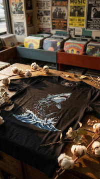 Mecha Shark Organic Cotton Graphic T-Shirt - GOTS Certification Hero in Vintage Record Store - 90s Retro Sustainable