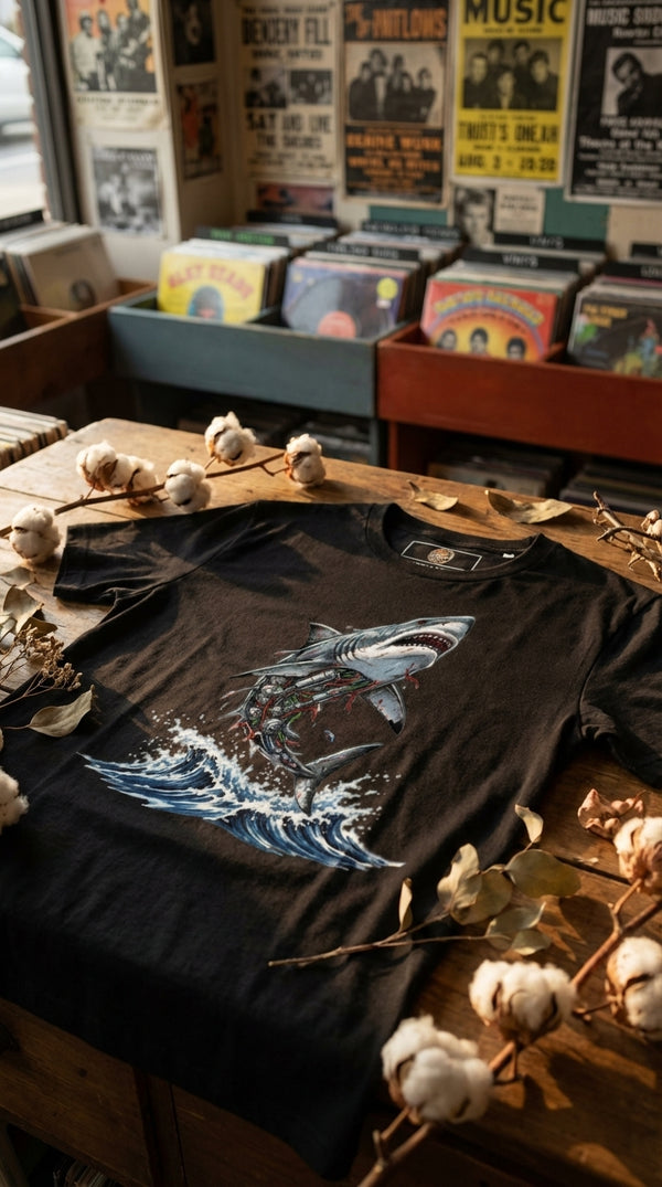Mecha Shark Organic Cotton Graphic T-Shirt - GOTS Certification Hero in Vintage Record Store - 90s Retro Sustainable