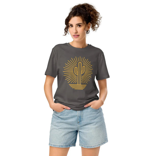 Minimalist Cactus Sunburst Organic T-Shirt | Cowboy Renaissance Collection - Sustainable Organic Design | Primary Flat-lay Front View