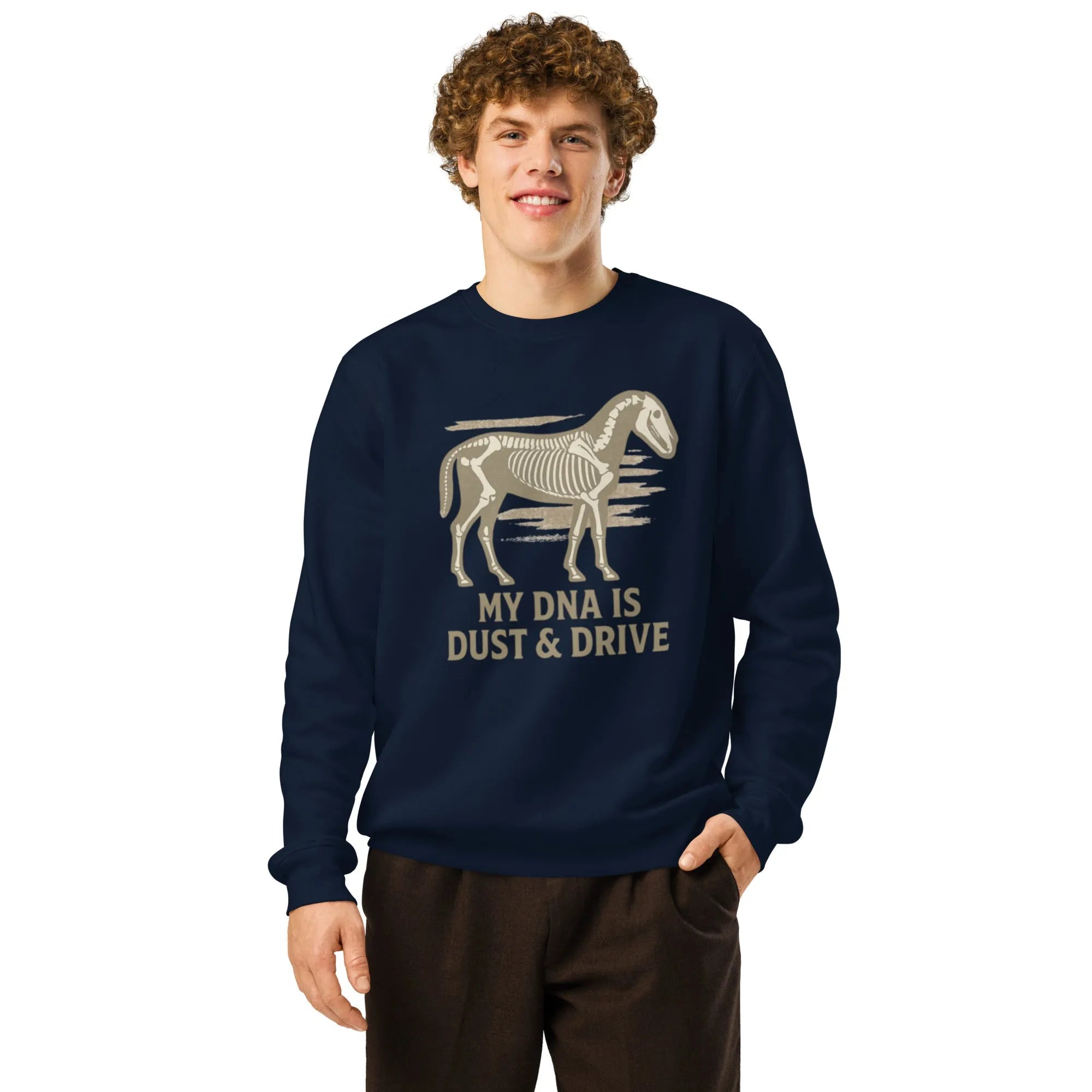 "DNA Is Dust & Drive" Organic Sweatshirt - Cowboy Renaissance - Sustainable Organic Design | Detailed Alternative View
