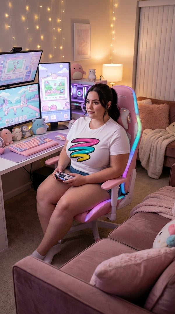 Vibrant Neon Brushstroke Layers T-Shirt - Cozy Plus Gamer in Living Room - 90s Grunge Revival