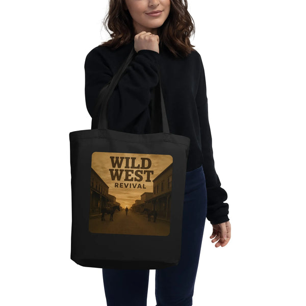 The Frontier Tote: Certified Organic Cotton Bag with Vintage Western Art - Sustainable Organic Design | Primary Flat-lay Front View