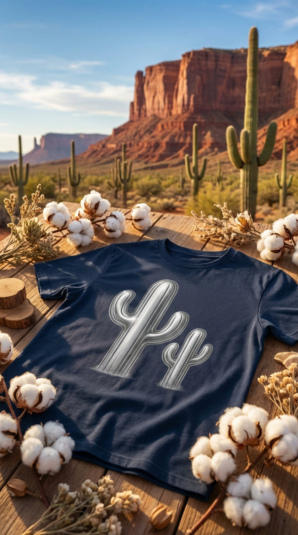 Chromed Saguaro Cacti Organic Cotton T-Shirt - GOTS Certification Hero in Desert Canyon - 90s Retro Sustainable