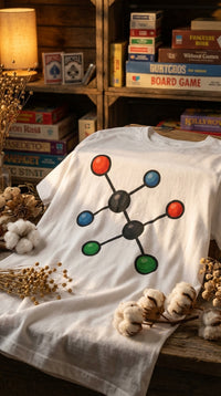 Organic Cotton T‑shirt – Unisex Molecular Structure Illustration Tee - GOTS Certification Hero in Cozy Game Den - 90s Retro Sustainable