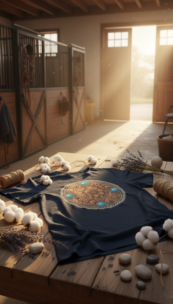 Tooled Leather Medallion – Western Organic Cotton T-Shirt - GOTS Certification Hero in Horse Stable - 90s Retro Sustainable