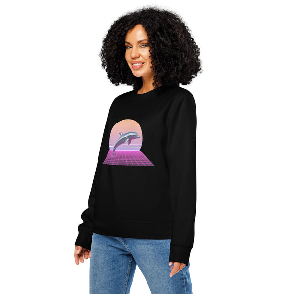 Vaporwave Dolphin Organic Sweatshirt | Retro Synthwave Style - Sustainable Organic Design | Primary Mockup Front View