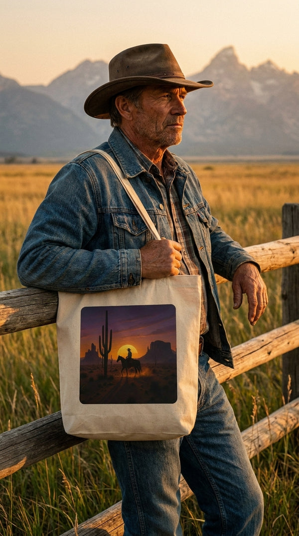 Desert Sunset Cowboy Organic Cotton Tote Bag - Modern Rancher in Open Range - Eco-Aesthetic Lifestyle