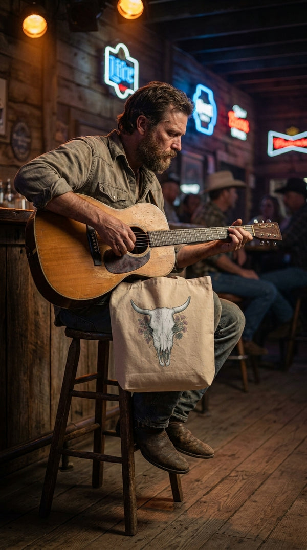 Desert Floral Bull Skull Organic Cotton Tote Bag - Acoustic Guitarist in Honky Tonk Bar - Eco-Aesthetic Lifestyle