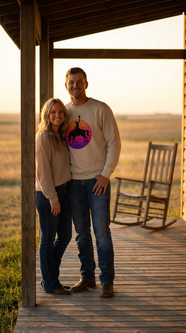 Neon Bronco Organic Cotton Sweatshirt - Couple / Duo in Ranch Porch - Eco-Aesthetic Lifestyle