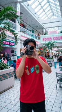 Transparent Tech Y2K Tee | Certified Organic Cotton - VHS Camcorder Operator in 90s Mall Food Court - Y2K Eco-Tech