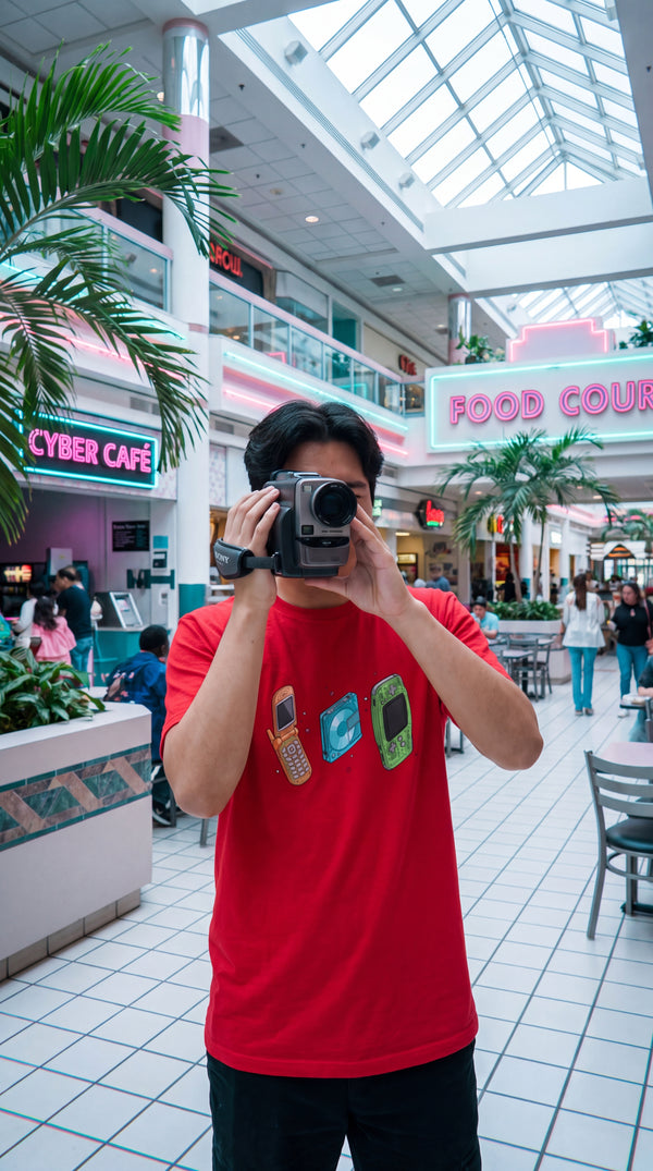 Transparent Tech Y2K Tee | Certified Organic Cotton - VHS Camcorder Operator in 90s Mall Food Court - Y2K Eco-Tech