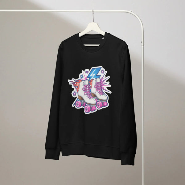 Retro Roller Skate Organic Cotton Sweatshirt | 80s Disco & Y2K Style - Sustainable Organic Design | Primary Mockup Front View